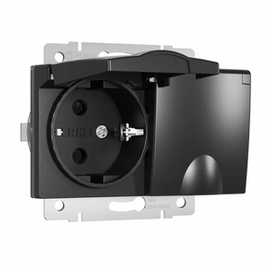 Изображение Розетка двойная влагозащ. с зазем. с защит. крышками и шторками (черный матовый) W1172208