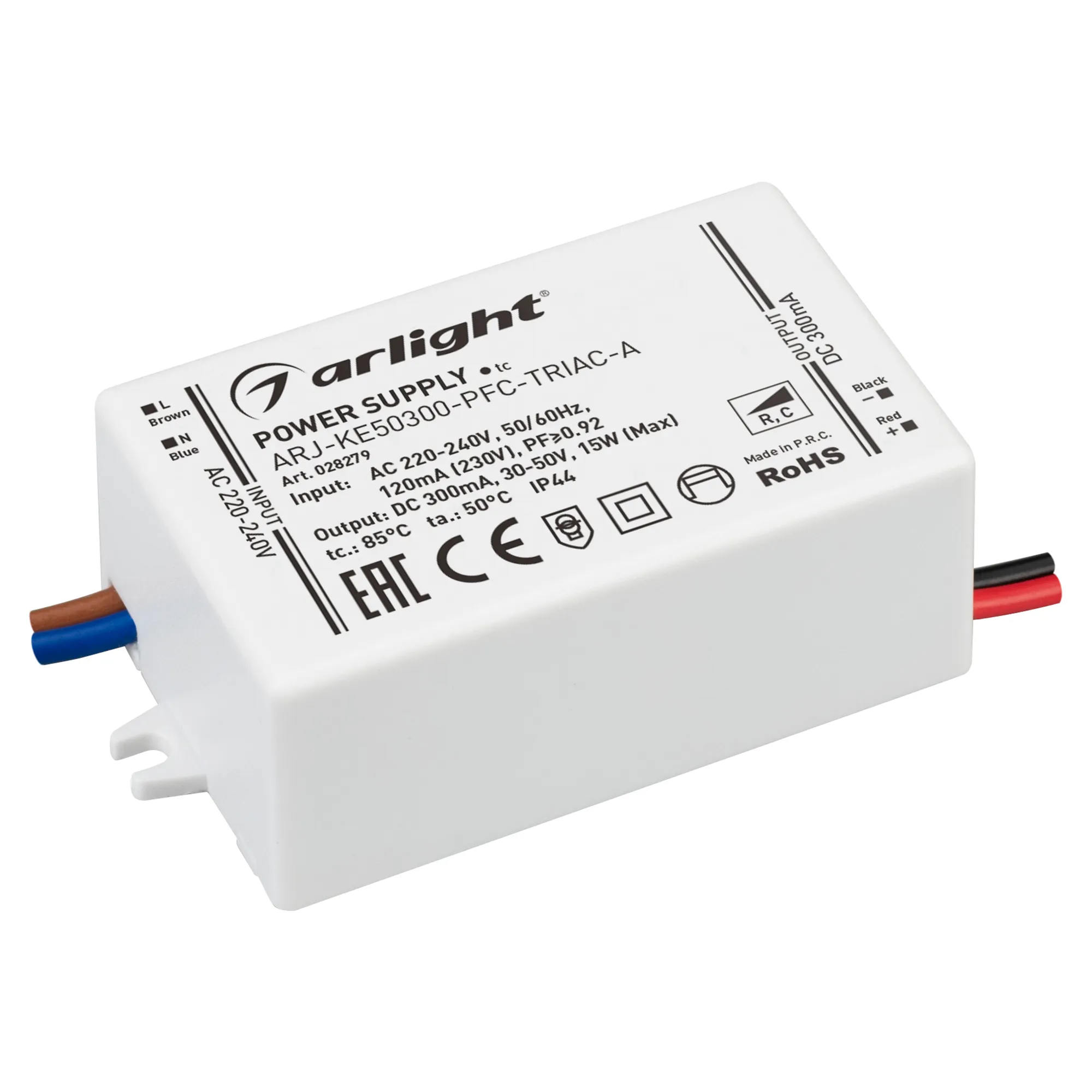 Блок питания ARJ-KE50300-PFC-TRIAC-A (15W, 300mA) (Arlight, IP44 Пластик, 5 лет) - Изображение