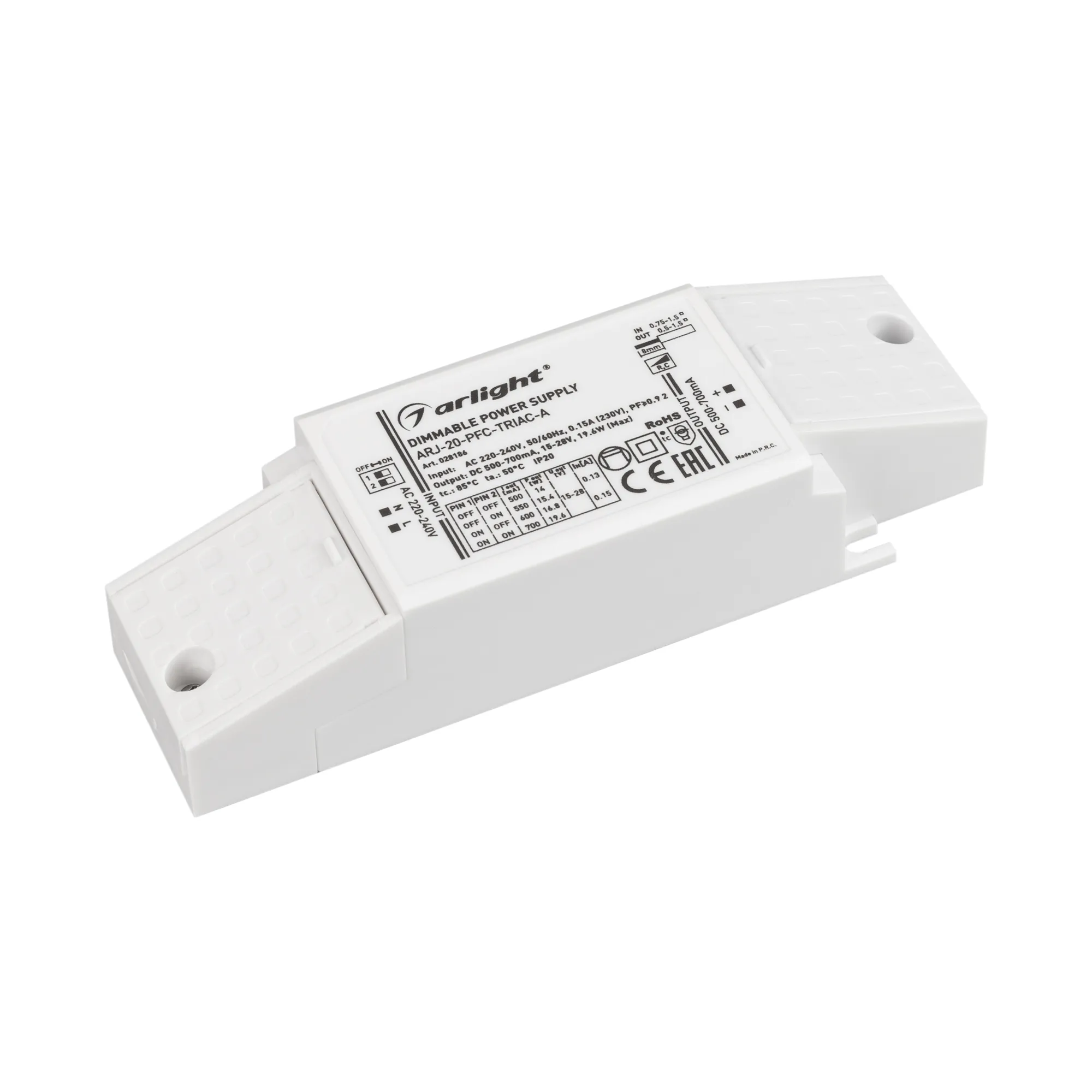 Блок питания ARJ-20-PFC-TRIAC-A (20W, 500-700mA) (Arlight, IP20 Пластик, 5 лет) - Изображение