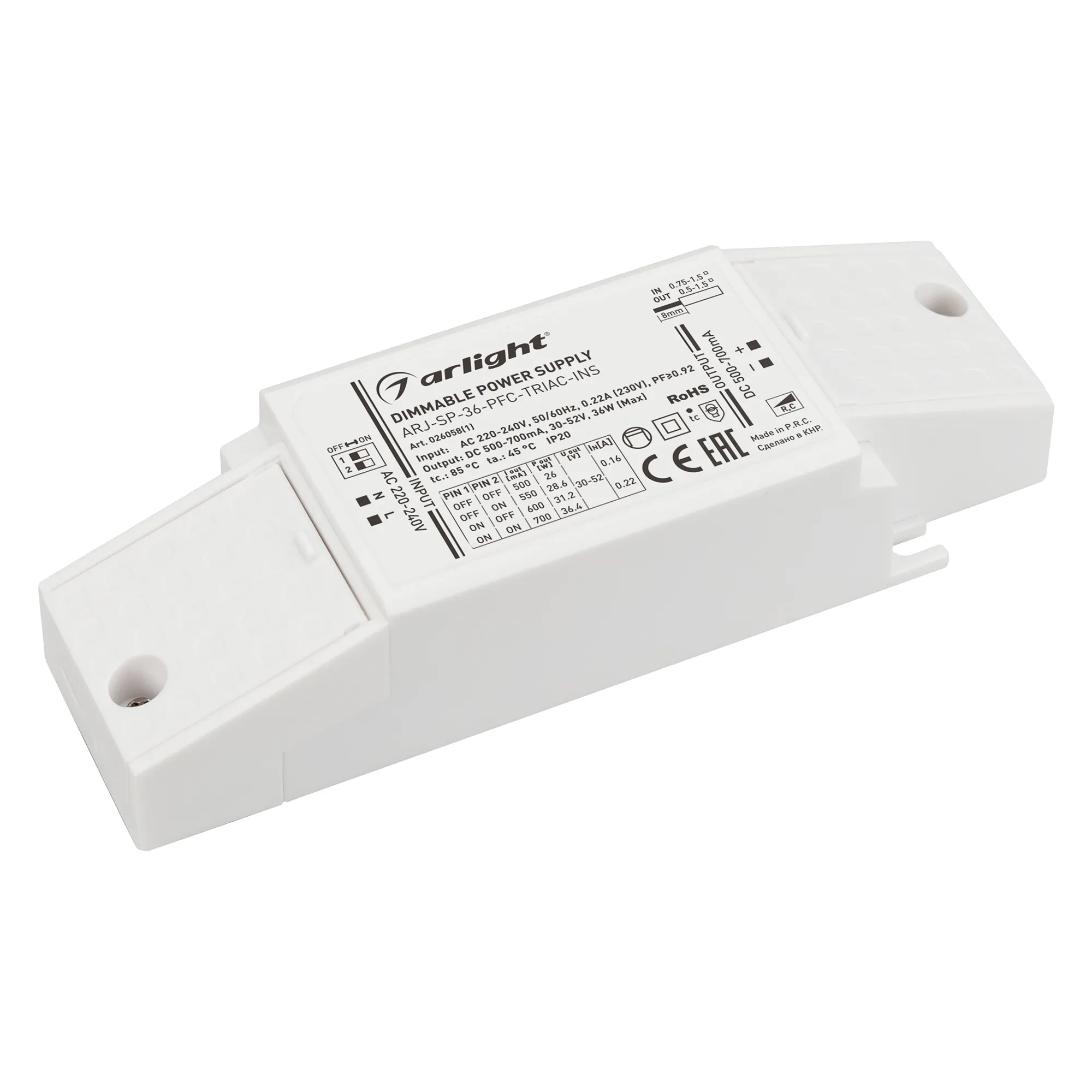 Блок питания ARJ-SP-36-PFC-TRIAC-INS (36W, 30-52V, 0.5-0.7A) (Arlight, IP20 Пластик, 5 лет) - Изображение