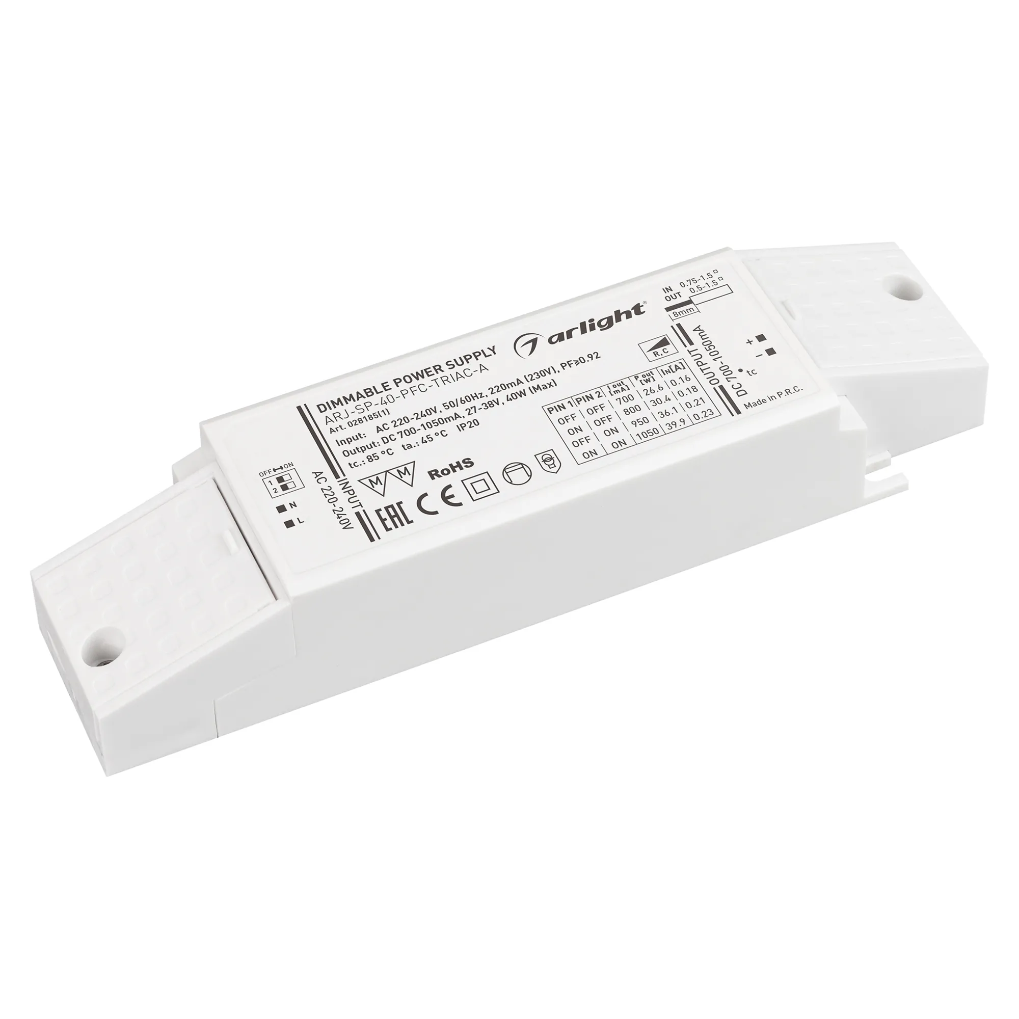 Блок питания ARJ-SP-40-PFC-TRIAC-INS (40W, 27-38V, 0.7-1.05A) (Arlight, IP20 Пластик, 5 лет) - Изображение