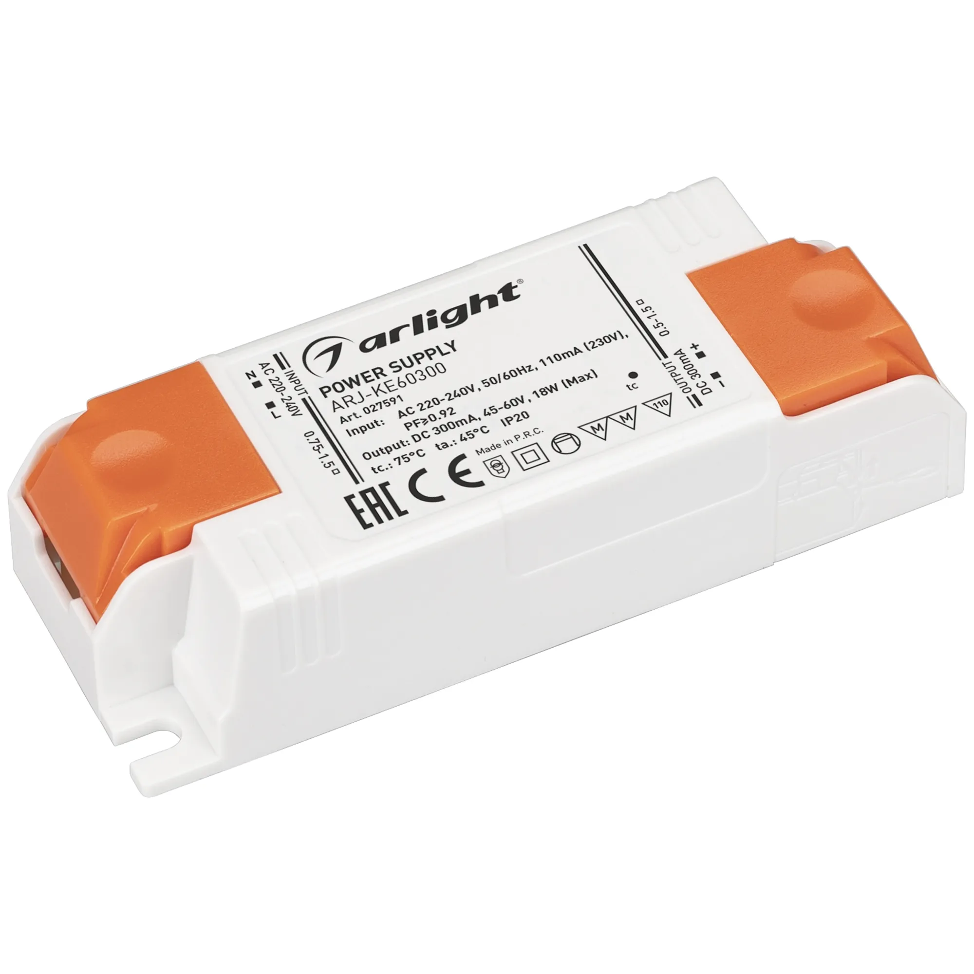 Блок питания ARJ-KE60300 (18W, 300mA, PFC) (Arlight, IP20 Пластик, 5 лет) - Изображение